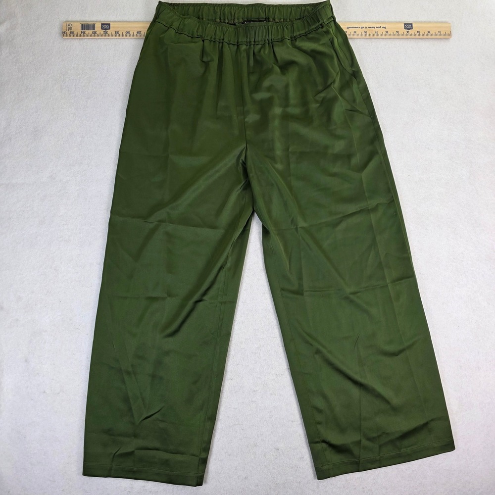 See N Be Seen Women 1X Pants Olive Green Excellent Wide Leg Satin Elastic Waist